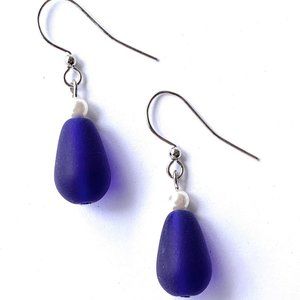 Cobalt Blue Sea Glass Earrings with Pearls Womens Girls Beach Jewelry Gifts